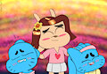 Crossdressed Manga Chi-Chi pets two Nicoles behind ears