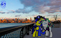 Two ponies during a sunrise downtown