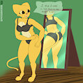 Katia in her underwear looking back into a mirror questioning saying she needs to cut back on sweets by Kaliburr