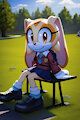 Schoolgirl Cream sitting on a bench