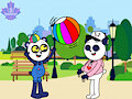 Two adorable pandas playing catch at the park