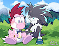 Zoey and wolf sit and chill by Lorethelostking