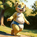 A yellow puppy walks through the park by PlaidFox