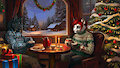 Pixel animated Christmas big cat black wolf