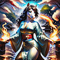 Woman in blue kimono with horse head holds flames by Anonceiada