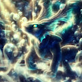 A blue creature looks up in a glowing mist