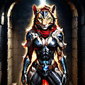 A female feline warrior stands in a stone doorway