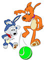 Tag and Scooch playing with tennis ball (colored) by LordKatFan
