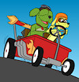 Frank and Beans riding a race wheelbarrow (colored)