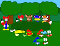 Brucie, Fix, Billy and Alex all naked and hiding in a bush with Foxi