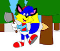 Alex the Fox Cutting a Tree in the Snow