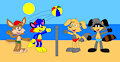 alex brucie shifty and bentley playing a volley ball at the beach by CartoonFoxArt2002