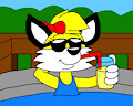 sunshine the fox drinking a soda and wearing a glasses in the spa