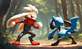 Raboot fighting Riolu