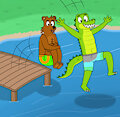 Croc and Bert dive into the lake by BearsFlush
