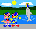 Alex and Becky Look at Dolphin Playing a Ball by CartoonFoxArt2002