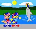 Alex and Becky Look at Dolphin Playing a Ball by CartoonFoxArt2002