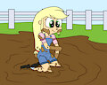 Applejack messes her diaper in the mud by mucky