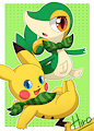 Snivy and Pikachu by NyanHiro