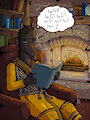 Hakeem reading in front of his fireplace