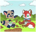 Foxy and Ronald play in the mud